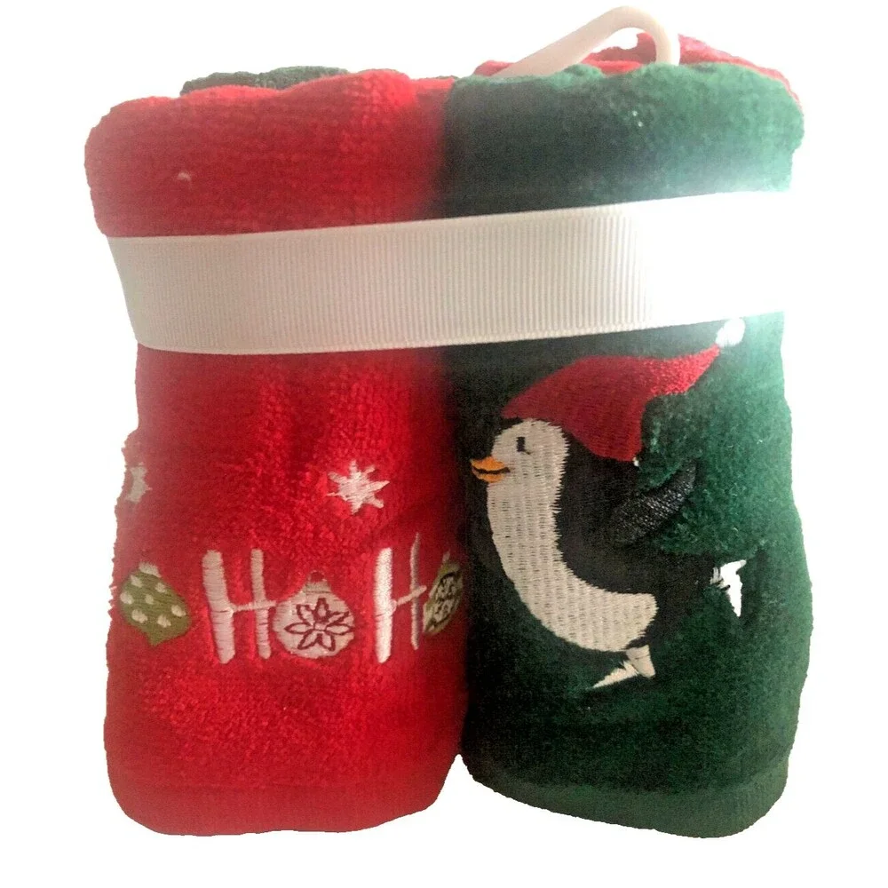 Christmas Fingertip Towels Set of 4 Embroidered Santa Stocking Penguin HoHoHo